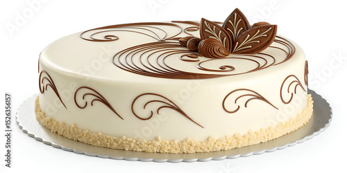 Realistic 3D illustration of a round cake coated in white chocolate with elegant wave chocolate decorations, isolated on a white background with clipping path for product packaging or ads