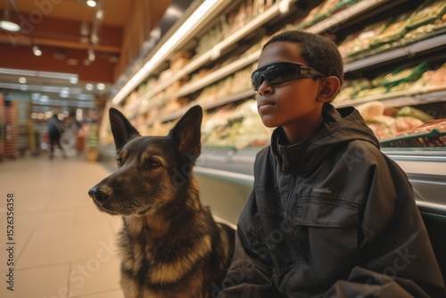 Boy blind, visually impaired disability with Guide Dog in Supermarket Aisles Shopping for Groceries