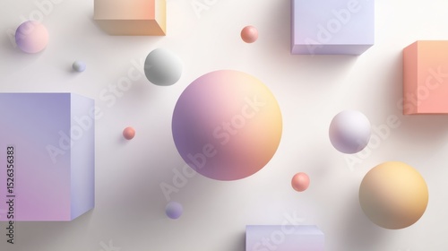 3D geometric shapes, soft gradients, floating on pure white background, minimal design.