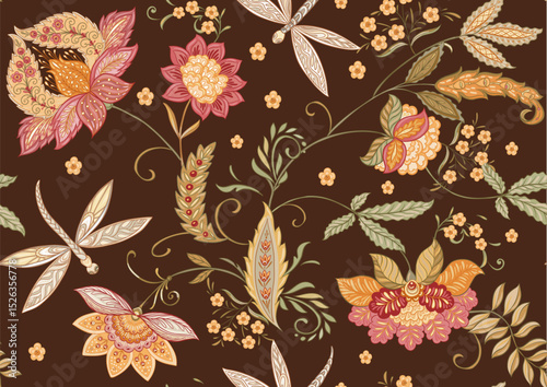 Fantasy flowers and dragonflies in retro, vintage, jacobean embroidery style. Seamless pattern, background. Vector illustration.
