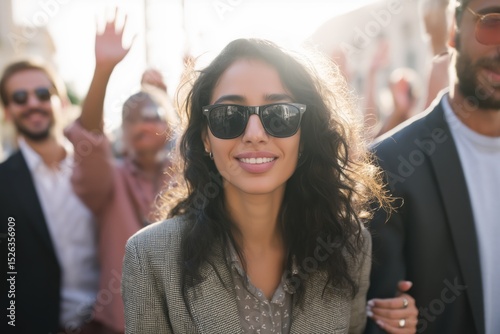 Confident blind, visually impaired disability Woman with Sunglasses Smiles Amidst a Cheerful Crowd Outdoors