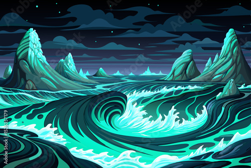 Vector illustration of a beach with glowing bioluminescent waves at night ideal for magical ocean scenes, night nature wonders, and dreamy coastal visuals