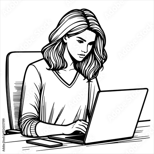 Female coder working on laptop — black outline vector, isolated on white background