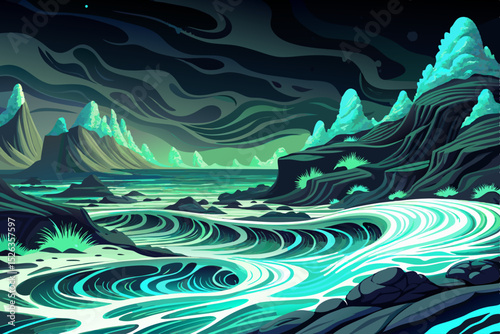 Vector illustration of a beach with glowing bioluminescent waves at night ideal for magical ocean scenes, night nature wonders, and dreamy coastal visuals