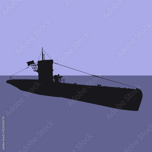 Silhouette of submarine in the sea. Vector illustration in blue shades, for the design of your illustrations in stylish symbolic powerful sea military illustrations and silhouettes