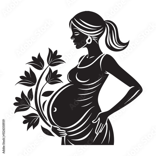 Pregnant woman silhouette with floral design and graceful beauty