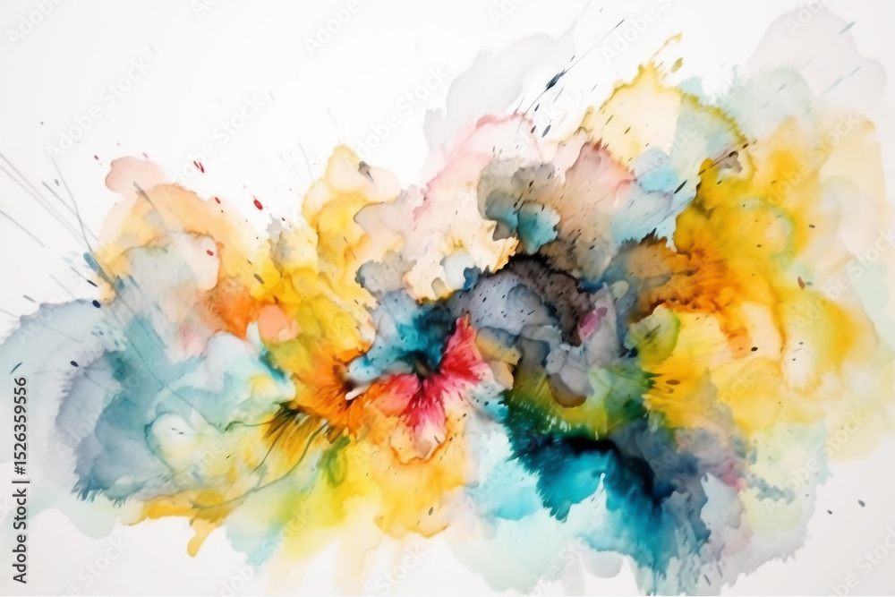 Fototapeta premium Abstract painting with vivid pastel watercolor splashes and stains, featuring soft organic shapes and fluid spontaneous brushstrokes, enhanced by delicate texture details on a pure white background