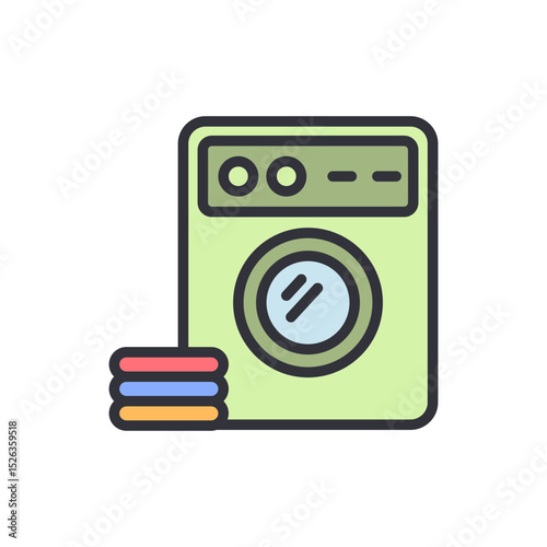 Stylized Washing Machine Icon With Stacked Fabric On Transparent Surface