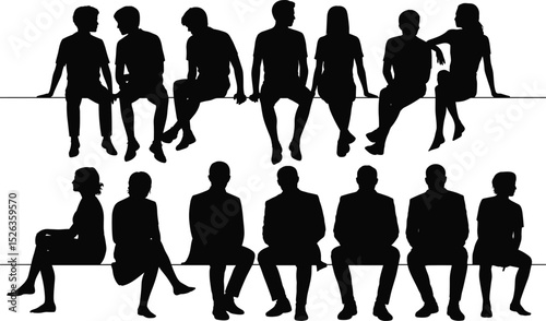 Silhouettes of people sitting on bench, teamwork concept, office scene, diverse group, casual discussion, waiting pose
