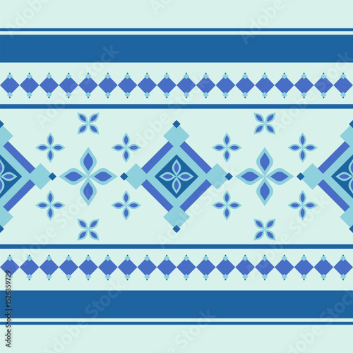 Classy Cool Blue Geometric Florals Embroidery Ethnic Square Diamond Shape Tribal Oriental Thai Silk Origin Dye Style Detailed Beautiful Pattern for Tailor Dress Apparel Homespun Bag Textile Border Rug