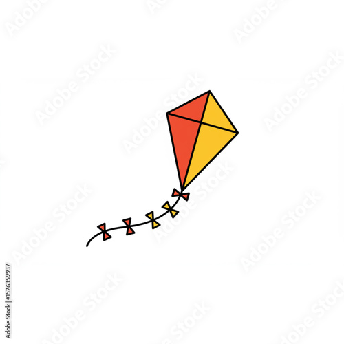 A cheerful kite design perfect for branding projects, children's books, or playful logo creation, featuring a vibrant red and yellow kite soaring high.