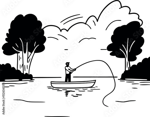 Silhouette of fisherman fishing in river from traditional boat

