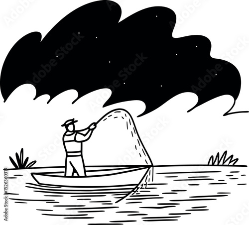 Silhouette of fisherman fishing in river from traditional boat

