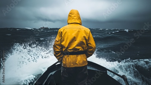 A lone figure wearing a yellow raincoat stands facing turbulent ocean waves, embodying resilience against nature's raw power and unpredictability on a stormy day. 