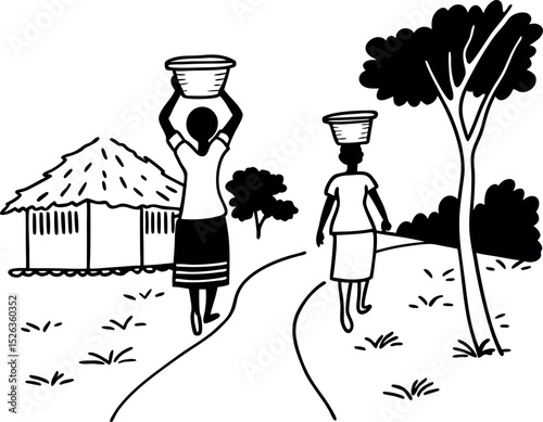 Traditional rural women carrying pots silhouette illustration
