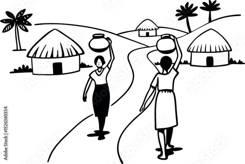 Traditional rural women carrying pots silhouette illustration