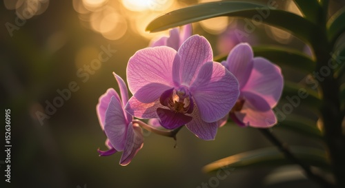 Orchid Blooms Illuminated by Golden Sunlight A Delicate Dance of Nature's Artistry and Beauty Unveiling Soft Petals