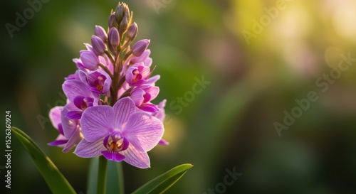Delicate Orchid Bloom A Symphony of Purple Hues Awaiting The Gentle Touch of Sunlight Within A Verdant Garden Oasis