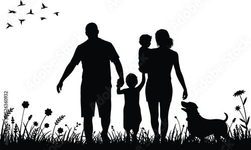 Happy family walking in nature with kids and dog, outdoor silhouette scene, bonding, parenting love,