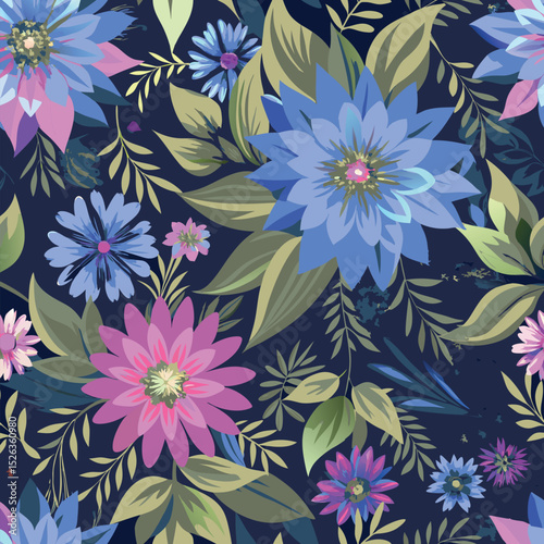Colorful floral pattern seamless design with blooming flowers and lush foliage on dark background