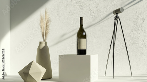 A vintage retro-style wine bottle stands on a geometric podium, while a polygon-shaped vase rests nearby, and an architectural tripod light illuminates the minimalist white cut-out background
