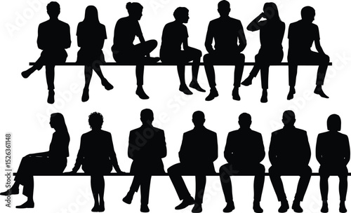 Group of people sitting on bench silhouette, teamwork, waiting, social gathering, business meeting, diverse individuals in casual professional pose