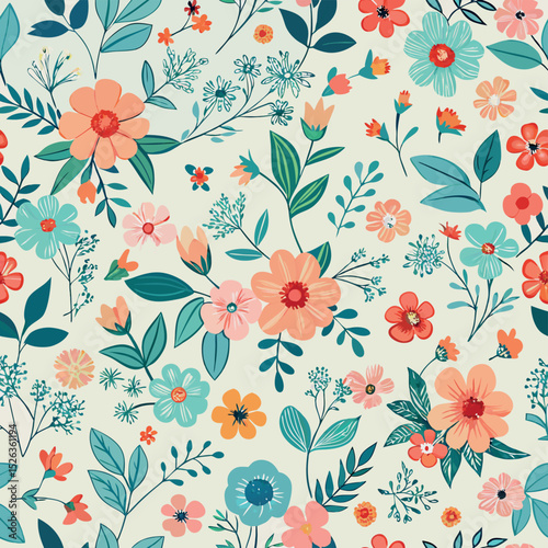 Delightful floral pattern featuring delicate flowers and leaves with pastel color palette