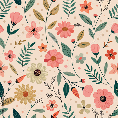 Delightful hand-drawn floral pattern featuring various flowers and leaves on a neutral background design