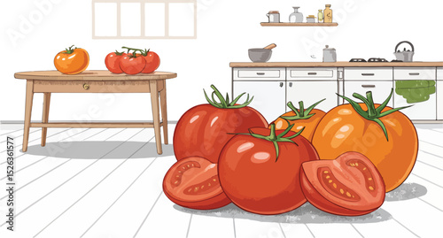 Tomato and tomato slice on table in kitchen vector design, Tomato Illustration vector design

