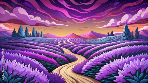 Vector illustration of a vast lavender field stretching to the horizon perfect for serene nature themes, summer landscapes, and aromatic floral visuals