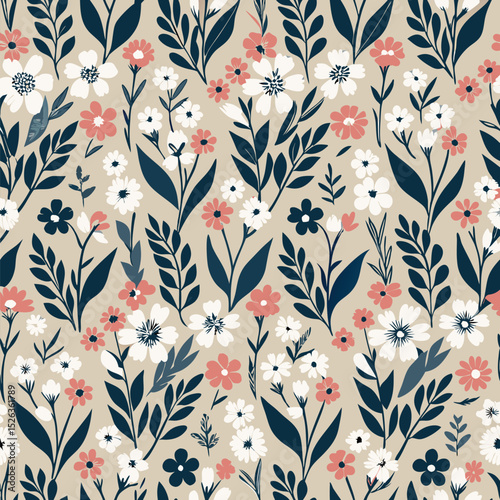 Elegant floral seamless pattern featuring delicate blooms and stylish foliage on a neutral backdrop