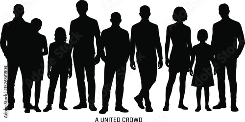 Diverse group of people silhouette, standing together, unity, teamwork, inclusion, human figures, community support,