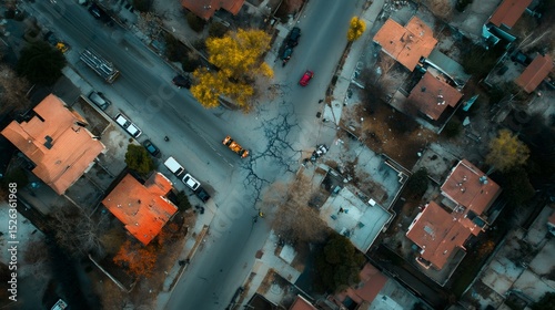 Aerial view of a damaged urban area after an earthquake, showing cracked roads and damaged houses, highlighting the devastating impact of natural disasters