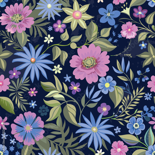Floral seamless pattern featuring colorful flowers and foliage on a dark navy background.