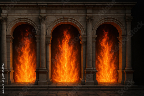 A stone structure with arches and flames
