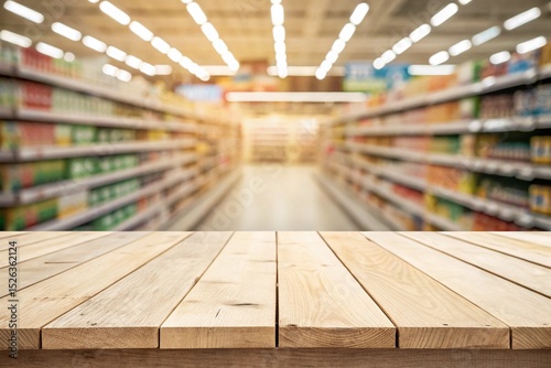 supermarket aisle with foreground table