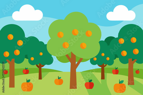 Vibrant Orchard A Colorful Illustration of Apples and Oranges in a Sunny Landscape