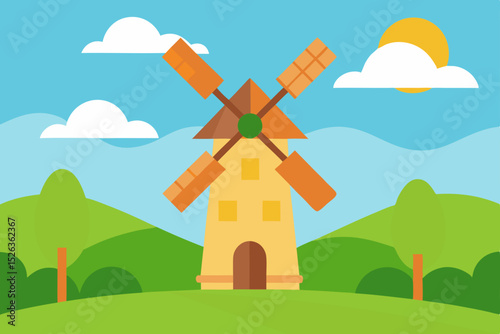 Charming Rustic Windmill Landscape A Sunny Day in the Countryside