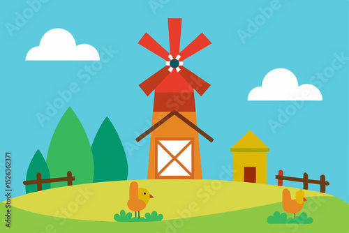 Charming Farm Scene Windmill, Chickens, and Countryside Delight