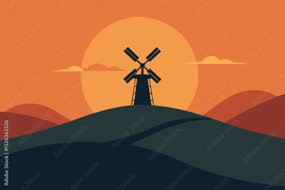 Obraz premium Sunset Silhouette Windmill on Hilltop Landscape Illustration