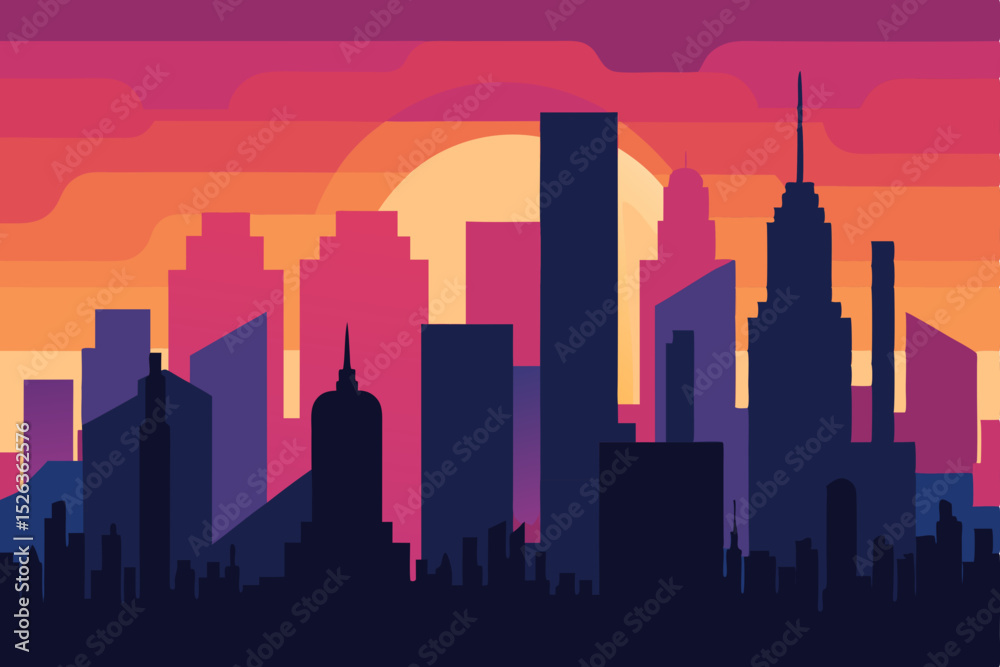 Fototapeta premium Vibrant Cityscape Sunset A Stunning Vector Illustration of Urban Skyline at Dusk