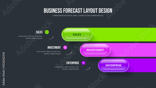 Professional Report Slideshow Layout Vector Illustration. Creative Solution 3 Element Diagram Slide Template. Sales Introduction Three Step Infographic Presentation Design.