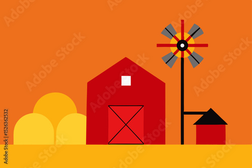 Sunset Farm Scene Red Barn, Windmill, and Hay Bales Illustration