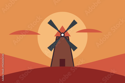 Sunset Silhouette Windmill in a Rustic Landscape Illustration