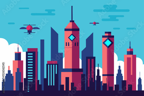 Futuristic Cityscape Drones and Modern Architecture in a Vibrant Urban Landscape