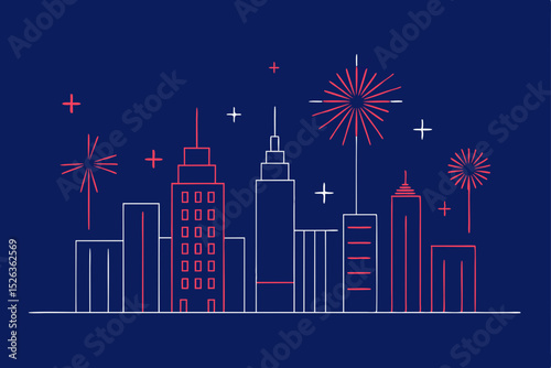 Celebrate Independence Day with Festive Fireworks over City Skyline Illustration