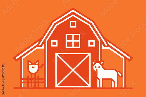 Rustic Farm Illustration Barn, Goat, and Cat - Simple Countryside Design