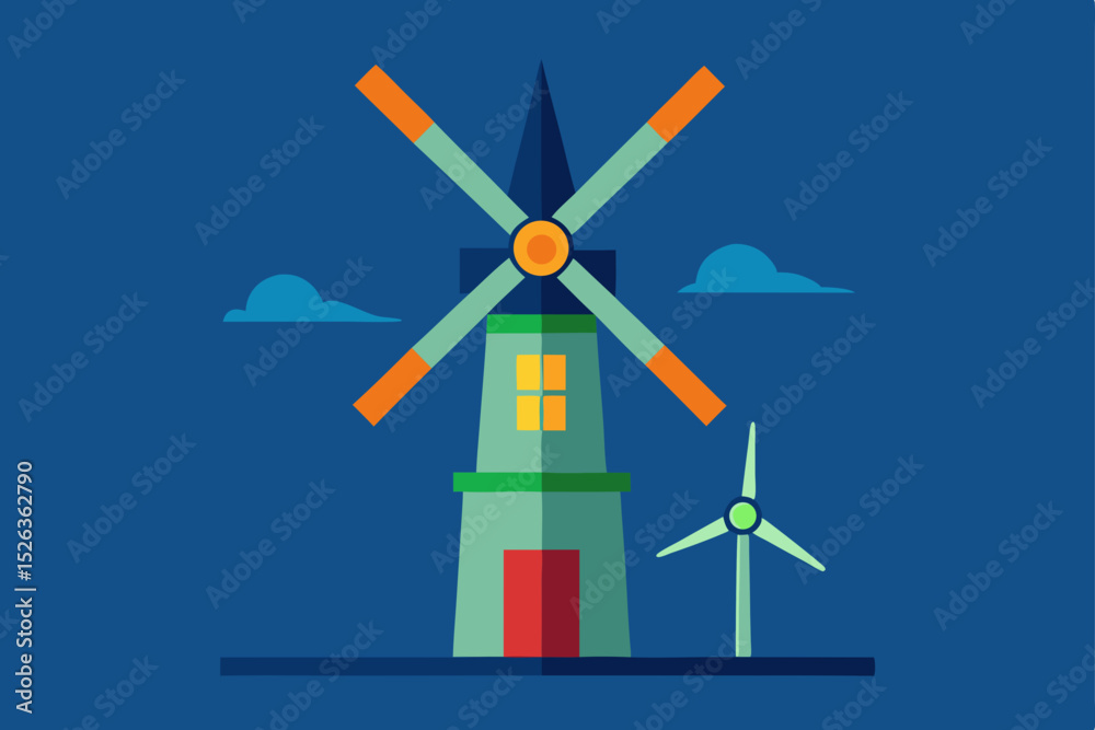 White wind turbines generate clean, renewable electricity against a blue sky, symbolizing green energy technology