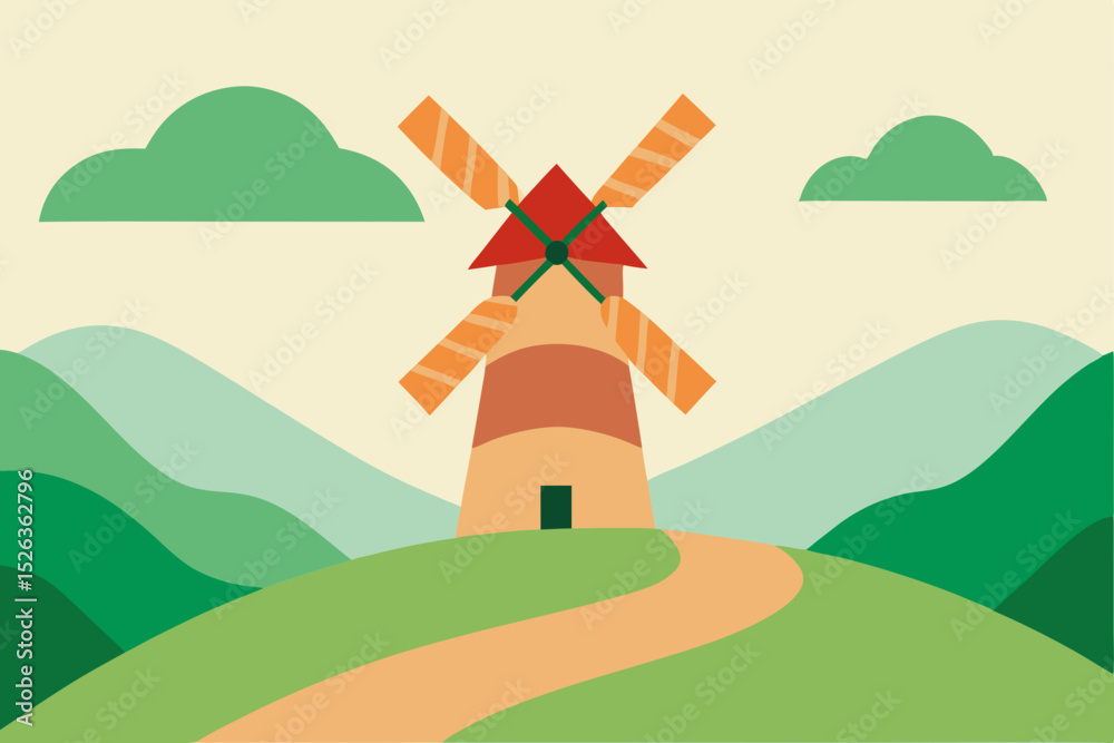 Obraz premium Rural landscape with a charming house and windmill on a grassy hill under a summer sky