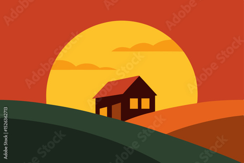 Sunset Farmhouse Illustration Rural Landscape at Golden Hour